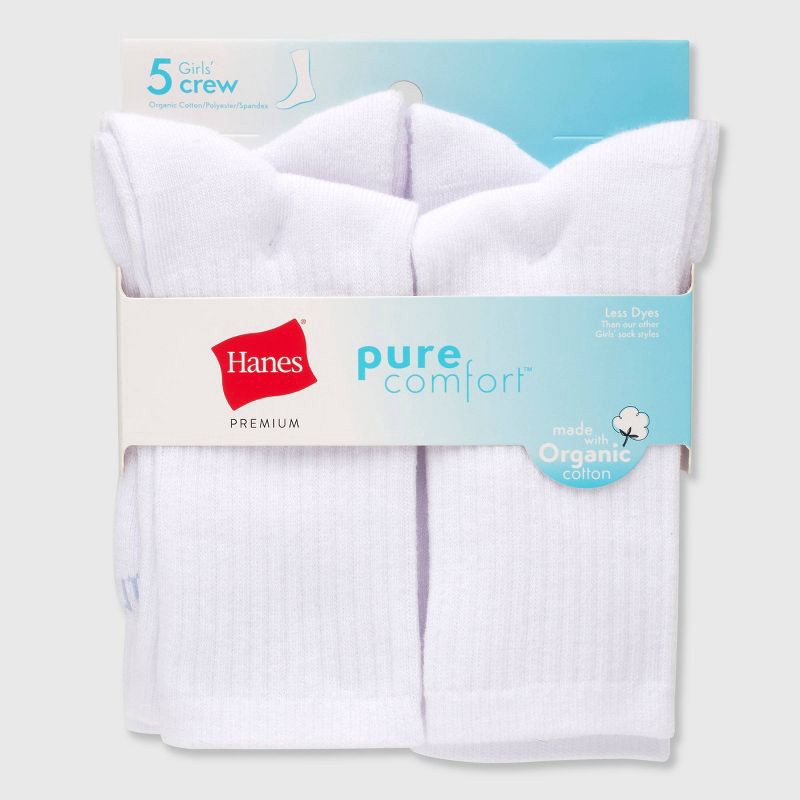 slide 2 of 4, Hanes Premium Girls' Pure 5pk Crew Socks White S: Arch Support, Breathable, Lightweight Knit, 5 ct
