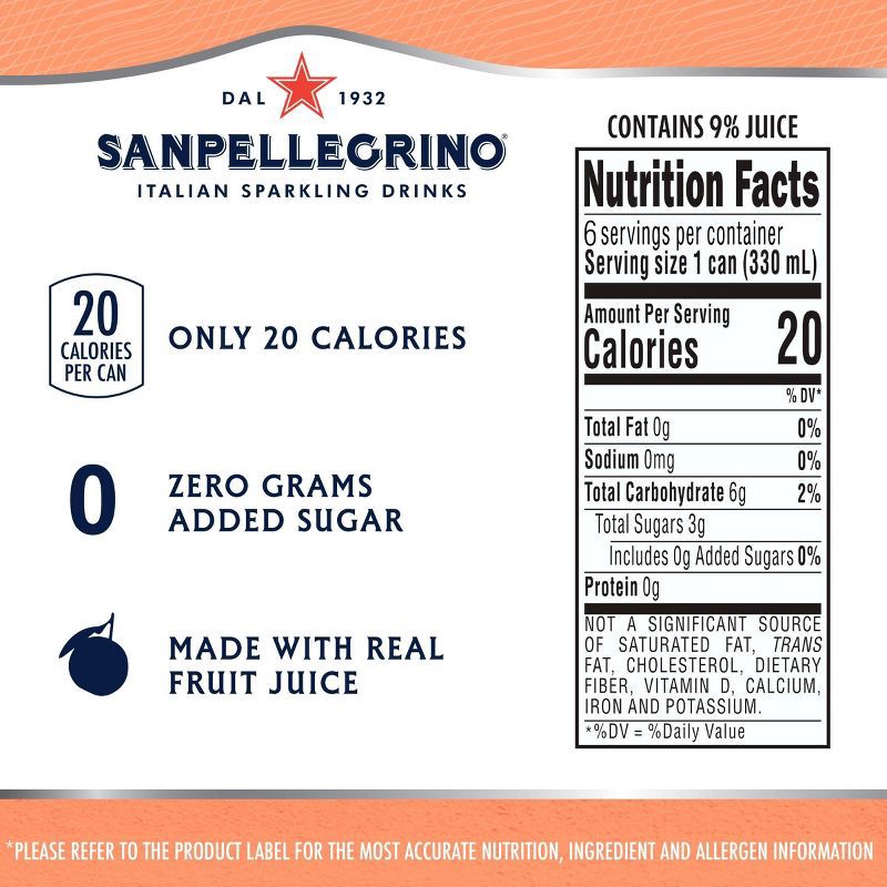 slide 6 of 7, Sanpellegrino Zero Clementine & Peach Italian Sparkling Beverage - 6pk/11.15 fl oz Cans, 6 ct; 11.15 fl oz