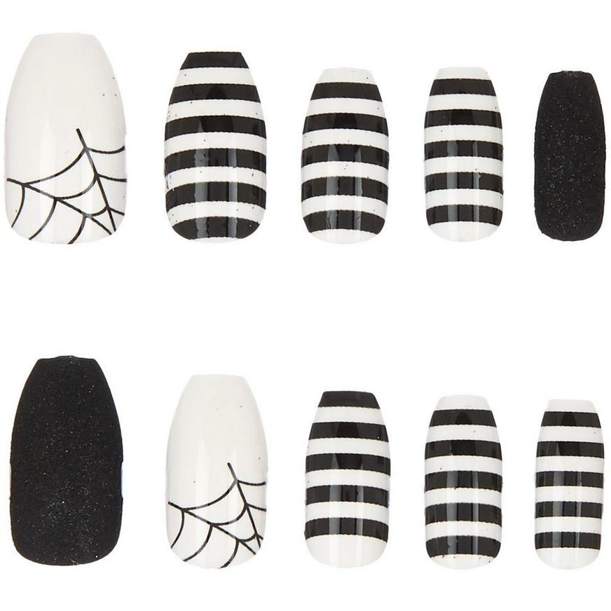 slide 1 of 1, Party City Black & White Striped Spiderweb Nails, 24 ct