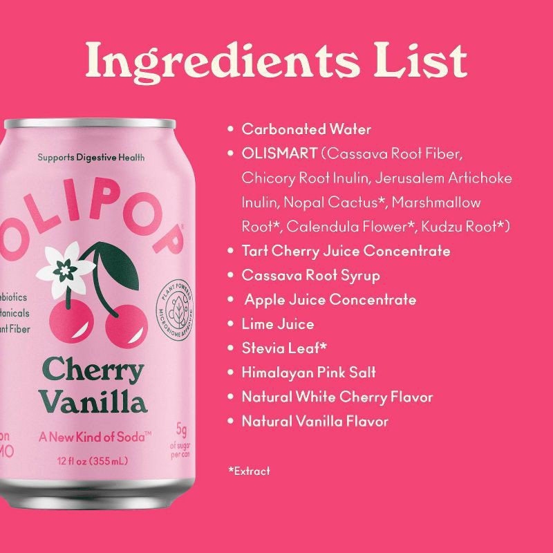 slide 5 of 6, OLIPOP Cherry Vanilla Prebiotic Soda - 12 fl oz Can, 12 fl oz