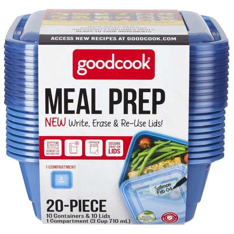slide 9 of 9, GoodCook Meal Prep 1 Compartment Square Containers + Lids - 3Cups - 20pcs/10ct - Blue, 20 ct, 10 ct
