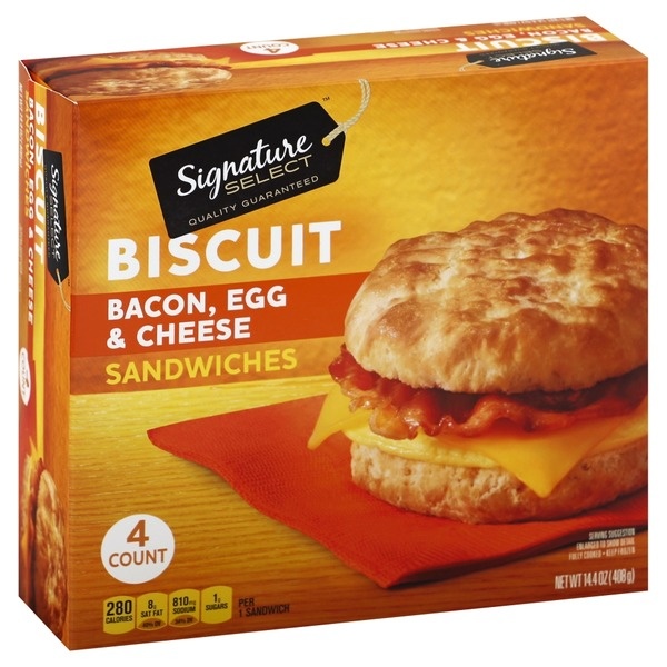 slide 1 of 5, Signature Select Egg, Cheese & Bacon Biscuit Sandwiches, 4 ct