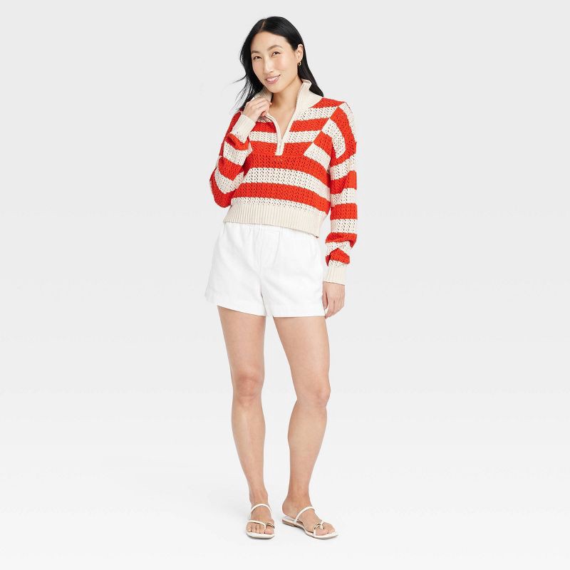 slide 3 of 5, Women's Quarter Zip Mock Turtleneck Pullover Sweater - A New Day™ Red/White Striped S, 1 ct