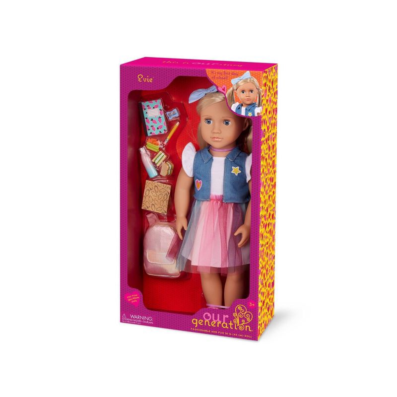 slide 5 of 5, Our Generation Evie 18" School Doll in Rainbow Skirt with Backpack & Accessories Set, 1 ct