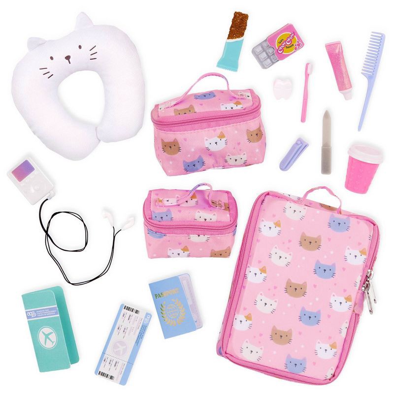 slide 5 of 5, Our Generation Purrfectly Packed Kitty-Print Luggage & Accessories Set for 18" Dolls: Travel Theme, 19 Pieces, 19 ct