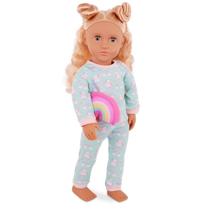 slide 2 of 5, Our Generation Gillian 18" Doll with Pink Dress & Rainbow Pajama Outfit: Fashion, Hair Blonde, Hazel Eyes, Wavy Hair, 1 ct