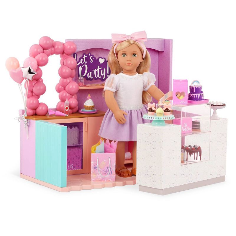slide 2 of 7, Our Generation Party Shop & Accessories Playset for 18'' Dolls: 59 Pieces, Includes Plates, Cups, & Storage Box, 59 ct