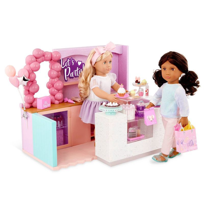 slide 3 of 7, Our Generation Party Shop & Accessories Playset for 18'' Dolls: 59 Pieces, Includes Plates, Cups, & Storage Box, 59 ct