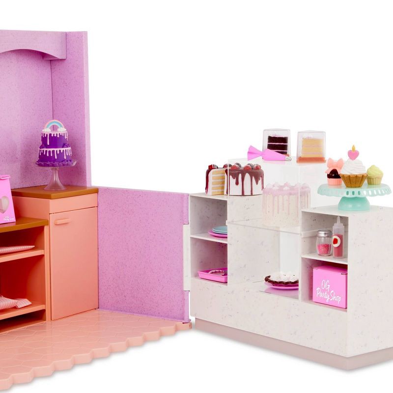 slide 4 of 7, Our Generation Party Shop & Accessories Playset for 18'' Dolls: 59 Pieces, Includes Plates, Cups, & Storage Box, 59 ct