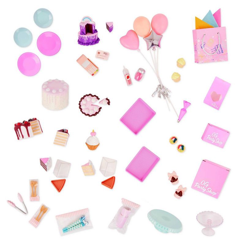 slide 7 of 7, Our Generation Party Shop & Accessories Playset for 18'' Dolls: 59 Pieces, Includes Plates, Cups, & Storage Box, 59 ct