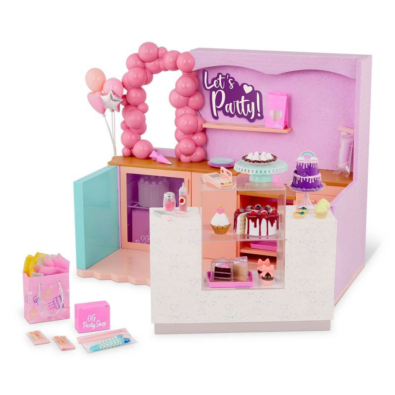 slide 1 of 7, Our Generation Party Shop & Accessories Playset for 18'' Dolls: 59 Pieces, Includes Plates, Cups, & Storage Box, 59 ct