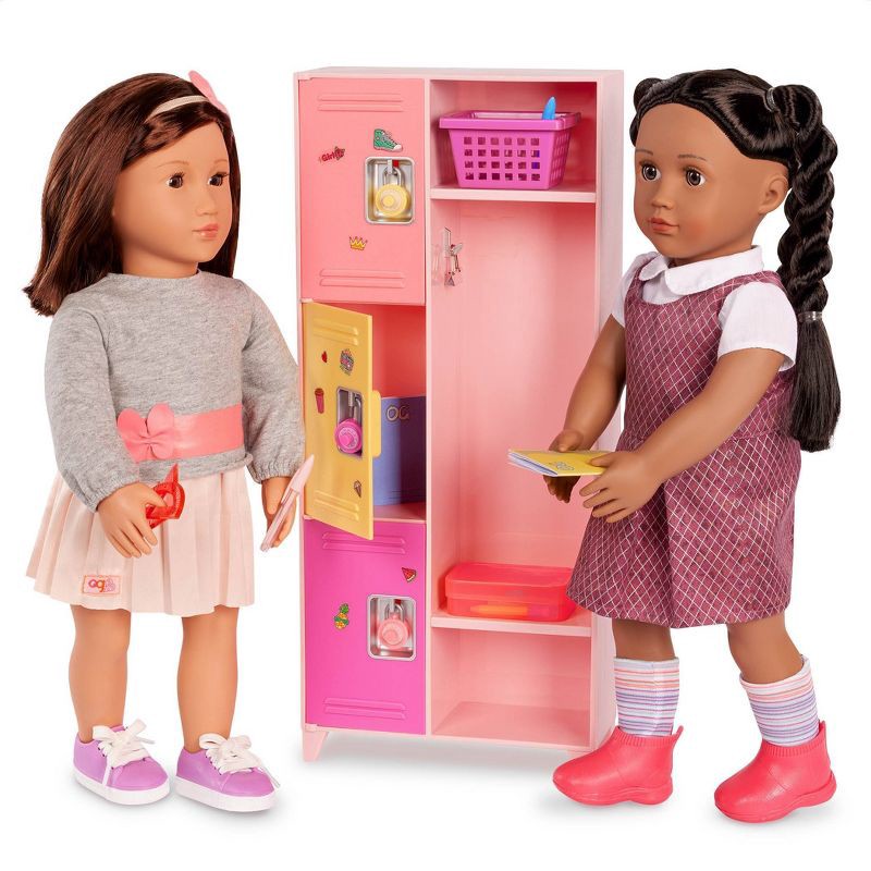 slide 2 of 6, Our Generation School Spirit Pink Locker & Supplies Accessory Set for 18" Dolls: Includes Pencil, Storage Baskets, Marker, Locker, 1 ct