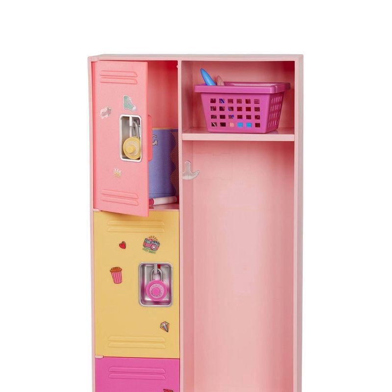 slide 3 of 6, Our Generation School Spirit Pink Locker & Supplies Accessory Set for 18" Dolls: Includes Pencil, Storage Baskets, Marker, Locker, 1 ct