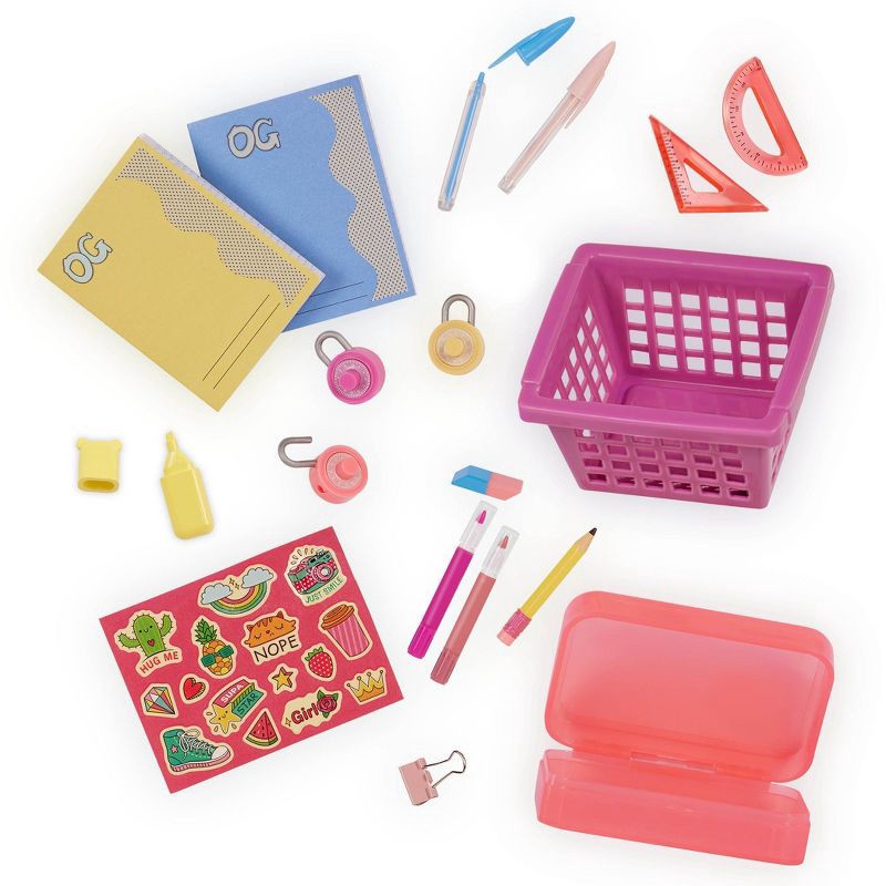 slide 4 of 6, Our Generation School Spirit Pink Locker & Supplies Accessory Set for 18" Dolls: Includes Pencil, Storage Baskets, Marker, Locker, 1 ct