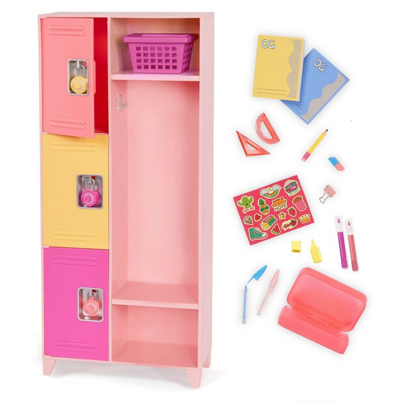 slide 6 of 6, Our Generation School Spirit Pink Locker & Supplies Accessory Set for 18" Dolls: Includes Pencil, Storage Baskets, Marker, Locker, 1 ct