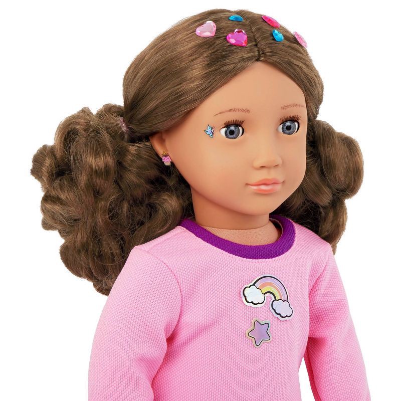 slide 5 of 7, Our Generation Finley 18" Doll with 50+ Stickers & Sticker Book Set: Fashion and Beauty, Light Brown Hair, Purple Eyes, 1 ct