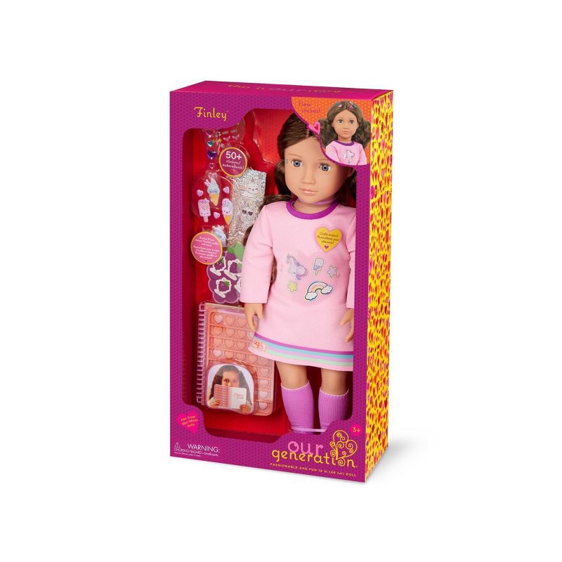 slide 7 of 7, Our Generation Finley 18" Doll with 50+ Stickers & Sticker Book Set: Fashion and Beauty, Light Brown Hair, Purple Eyes, 1 ct