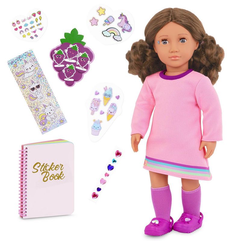 slide 1 of 7, Our Generation Finley 18" Doll with 50+ Stickers & Sticker Book Set: Fashion and Beauty, Light Brown Hair, Purple Eyes, 1 ct