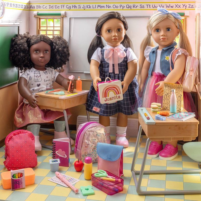 slide 2 of 8, Our Generation Virginia Posable 18'' School Doll with Storybook & Accessories Set: Black Curly Hair, Brown Eyes, Backpack, 1 ct