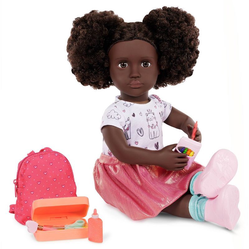 slide 4 of 8, Our Generation Virginia Posable 18'' School Doll with Storybook & Accessories Set: Black Curly Hair, Brown Eyes, Backpack, 1 ct