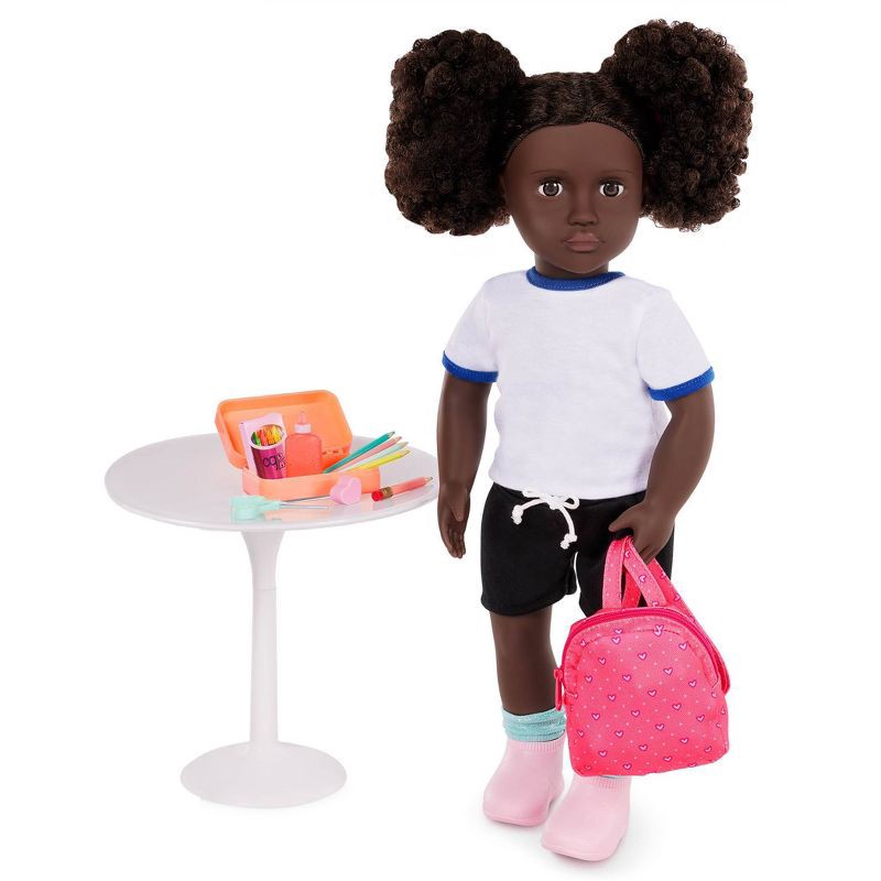 slide 5 of 8, Our Generation Virginia Posable 18'' School Doll with Storybook & Accessories Set: Black Curly Hair, Brown Eyes, Backpack, 1 ct