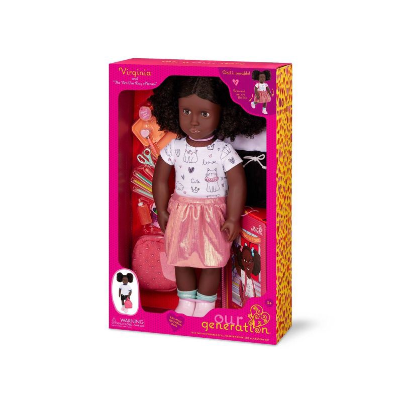slide 8 of 8, Our Generation Virginia Posable 18'' School Doll with Storybook & Accessories Set: Black Curly Hair, Brown Eyes, Backpack, 1 ct