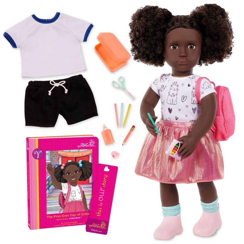 slide 1 of 8, Our Generation Virginia Posable 18'' School Doll with Storybook & Accessories Set: Black Curly Hair, Brown Eyes, Backpack, 1 ct