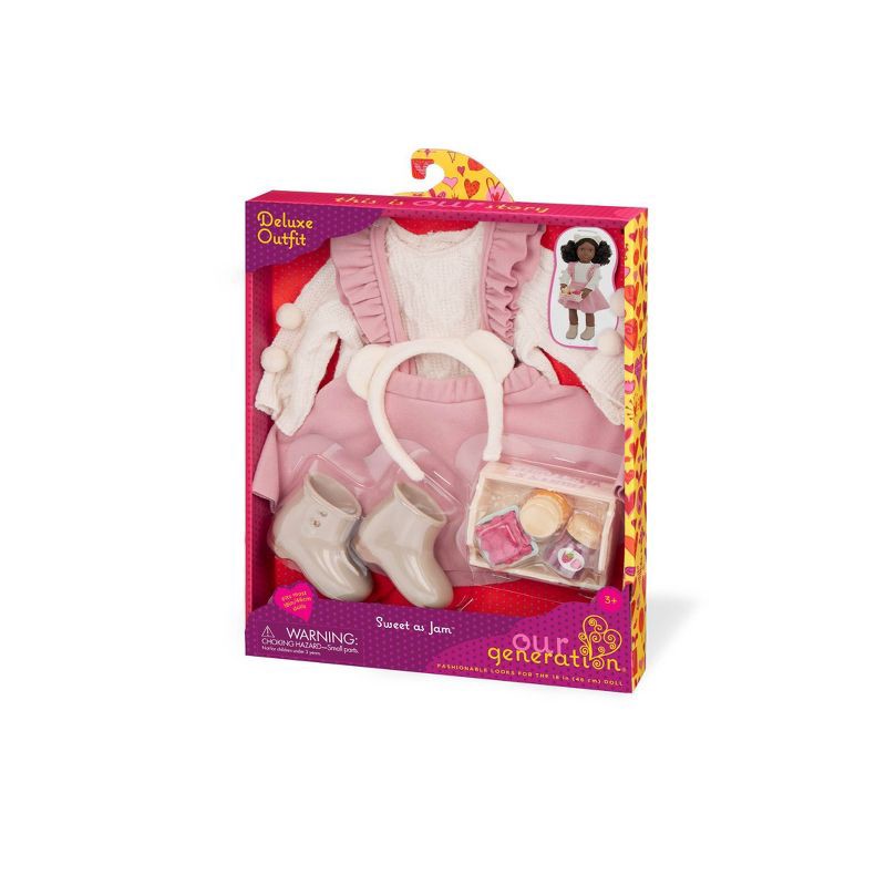 slide 5 of 5, Our Generation Sweet as Jam Pink Jumper Skirt Outfit & Play Food Set for 18" Dolls: Doll Clothing Accessory Set, 1 ct