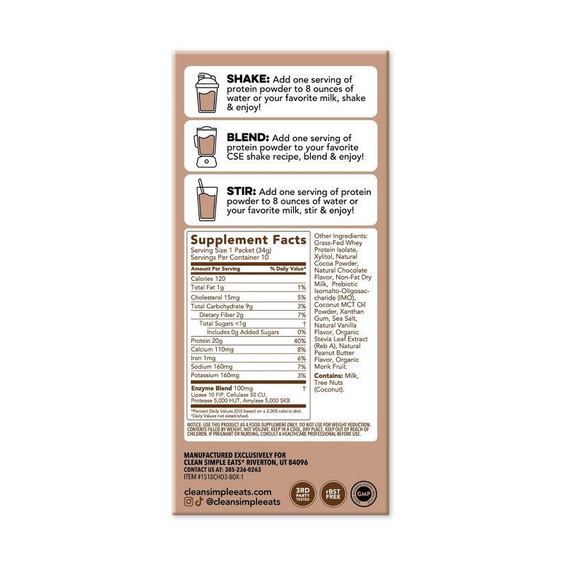 slide 9 of 9, Clean Simple Eats Protein Powder Sticks - Chocolate Brownie Batter - Whey Protein Isolate - 12oz/10ct, 10 ct; 12 oz