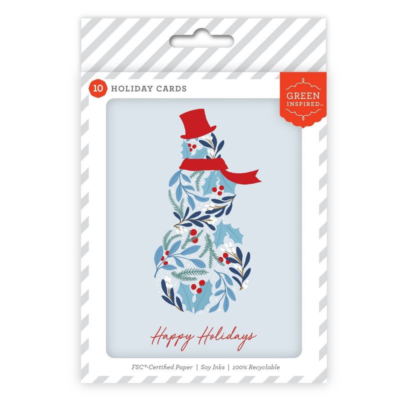 slide 1 of 3, Green Inspired 10ct Holly Snowman Christmas Single-Design Boxed Card Pack White, 10 ct