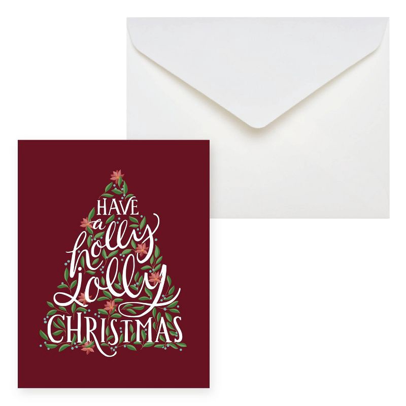 slide 3 of 3, Green Inspired 10ct 'Have a Holly Jolly Christmas' Tree Single-Design Boxed Card Pack Dark Red, 10 ct