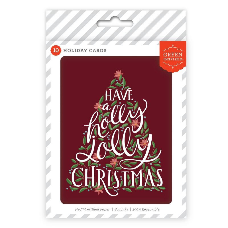 slide 1 of 3, Green Inspired 10ct 'Have a Holly Jolly Christmas' Tree Single-Design Boxed Card Pack Dark Red, 10 ct