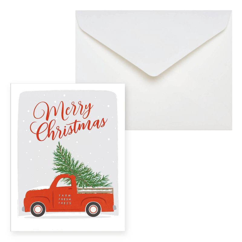 slide 3 of 3, Green Inspired 10ct 'Merry Christmas' Vintage Truck with Tree Single-Design Boxed Card Pack White, 10 ct