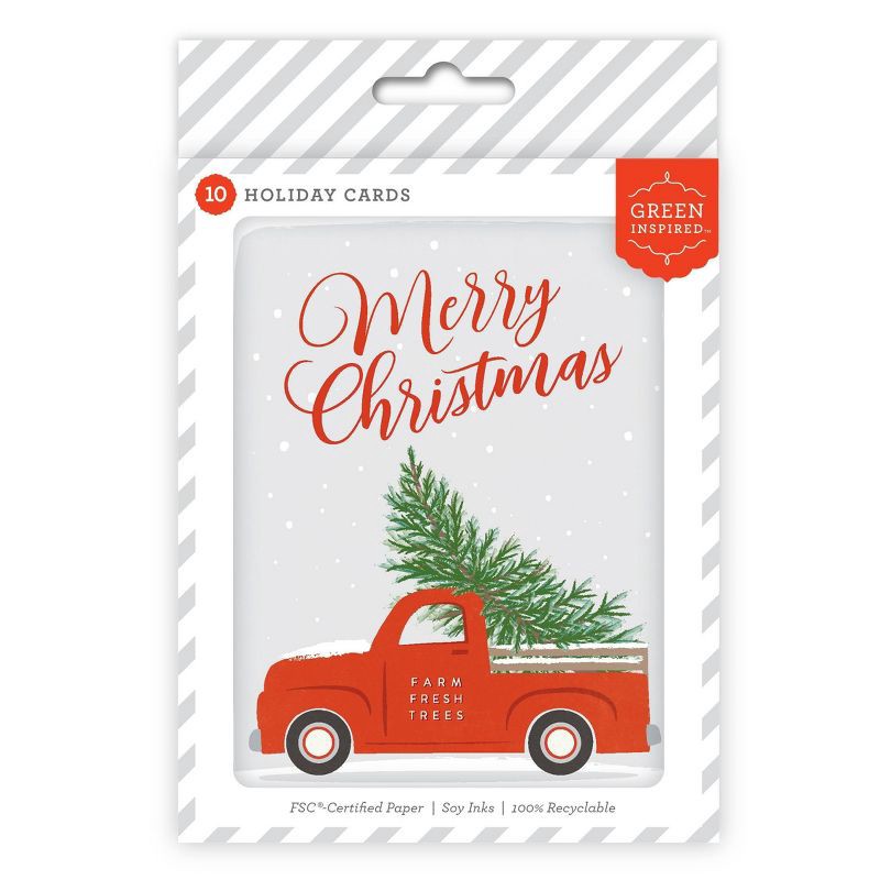 slide 1 of 3, Green Inspired 10ct 'Merry Christmas' Vintage Truck with Tree Single-Design Boxed Card Pack White, 10 ct