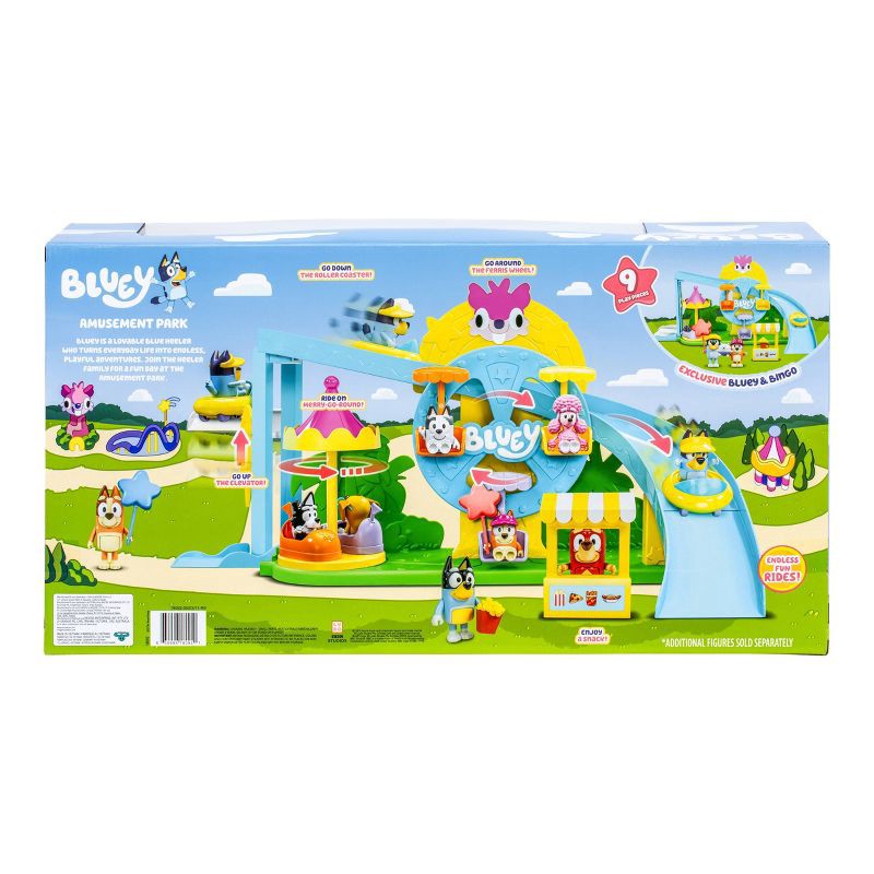 slide 3 of 9, Bluey Amusement Park Playset (Target Exclusive): Plastic Doll Playset for Ages 3+, Includes 9 Pieces, No Tools Needed for Assembly, 9 ct