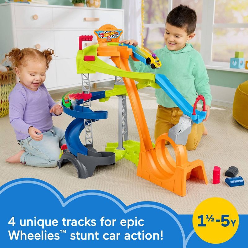 slide 2 of 7, Fisher-Price Little People Hot Wheels Spiral Stunt Speedway Toddler Race Track Playset 2 Toy Cars, 1 ct