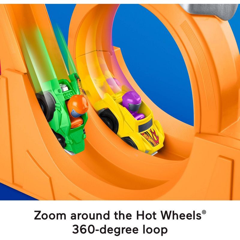 slide 5 of 7, Fisher-Price Little People Hot Wheels Spiral Stunt Speedway Toddler Race Track Playset 2 Toy Cars, 1 ct