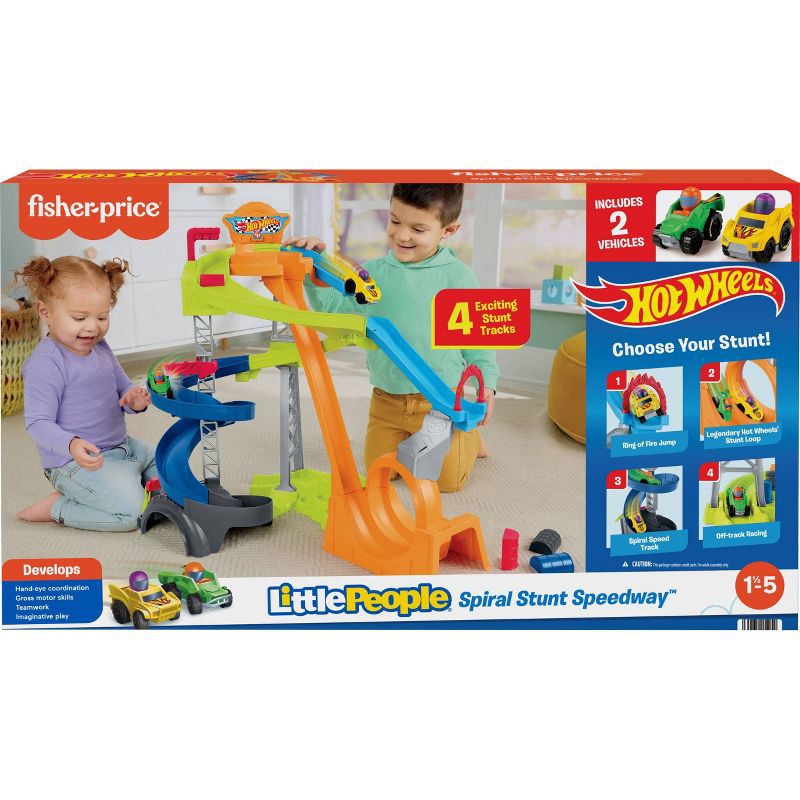 slide 7 of 7, Fisher-Price Little People Hot Wheels Spiral Stunt Speedway Toddler Race Track Playset 2 Toy Cars, 1 ct
