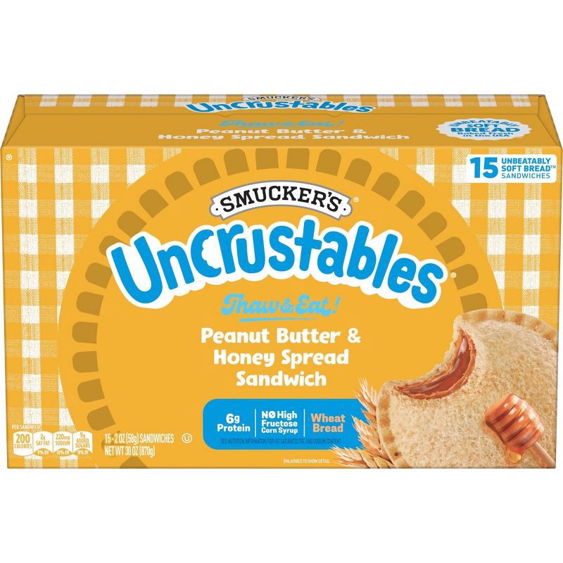 slide 1 of 9, Smucker's Uncrustables Frozen Peanut Butter & Honey Spread Sandwich - 30oz/15ct, 30 oz, 15 ct