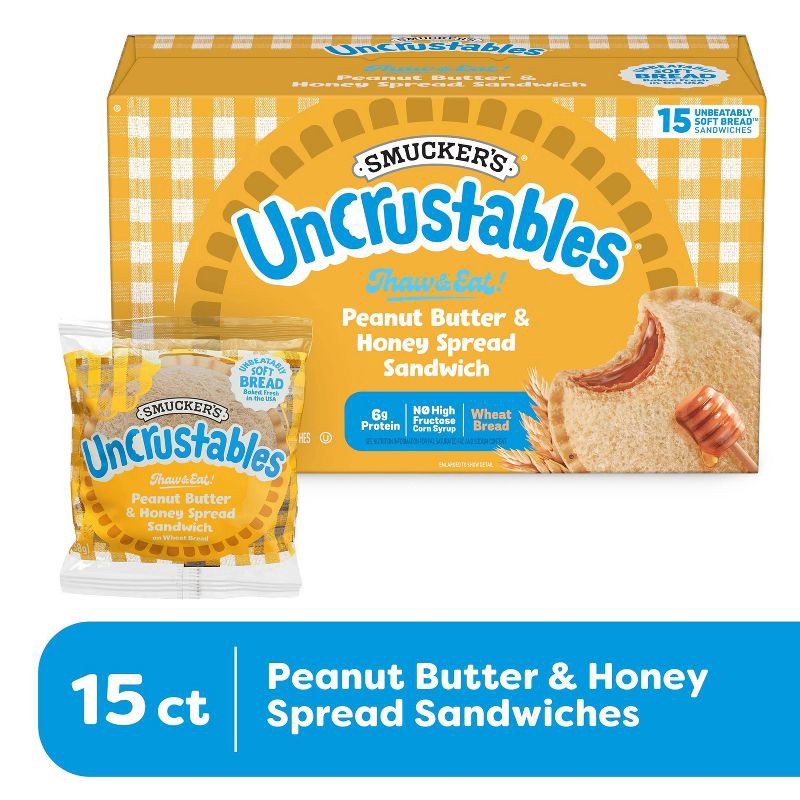 slide 3 of 9, Smucker's Uncrustables Frozen Peanut Butter & Honey Spread Sandwich - 30oz/15ct, 30 oz, 15 ct