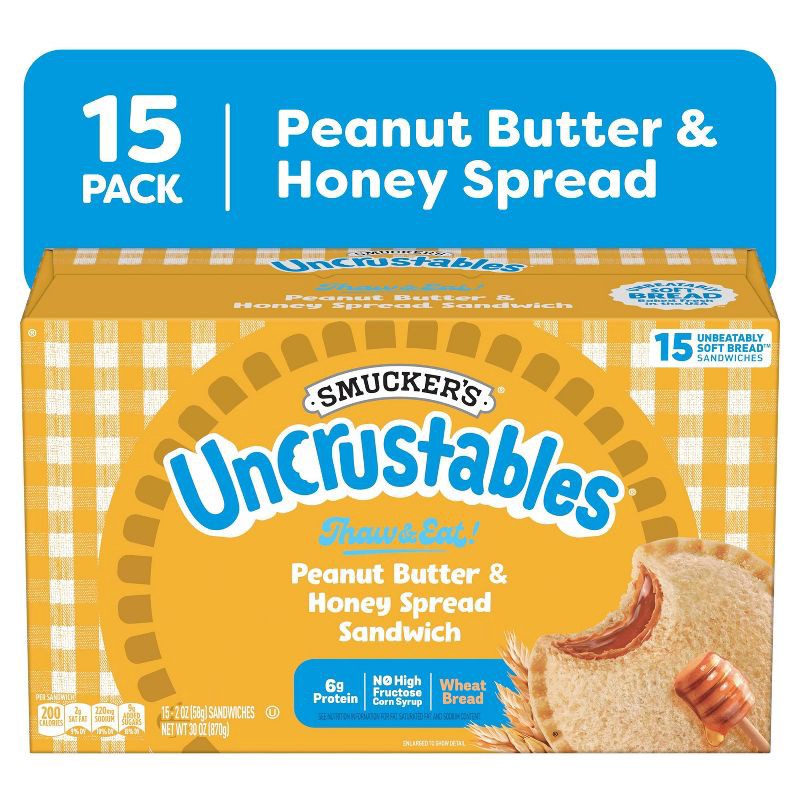 slide 3 of 9, Smucker's Uncrustables Frozen Peanut Butter & Honey Spread Sandwich - 30oz/15ct, 30 oz, 15 ct