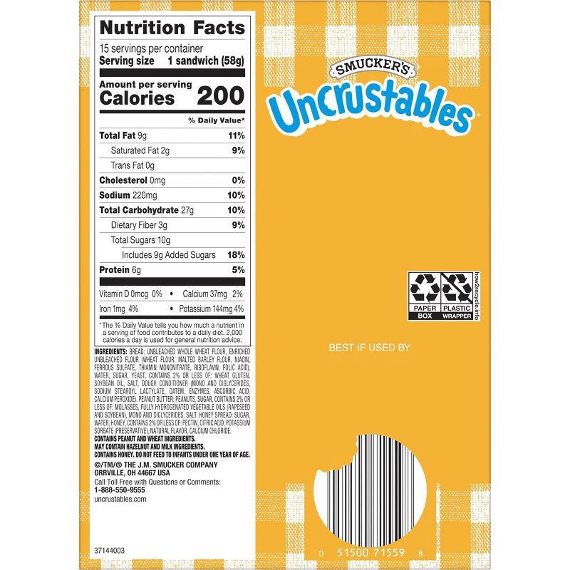slide 7 of 9, Smucker's Uncrustables Frozen Peanut Butter & Honey Spread Sandwich - 30oz/15ct, 30 oz, 15 ct