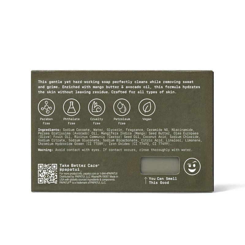 slide 10 of 10, Papatui Men's Sulfate-Free Exfoliating and Hydrating Mango Butter, Avocado Oil and Ceramides Bar Soap - Sandalwood Suede - 7oz, 7 oz