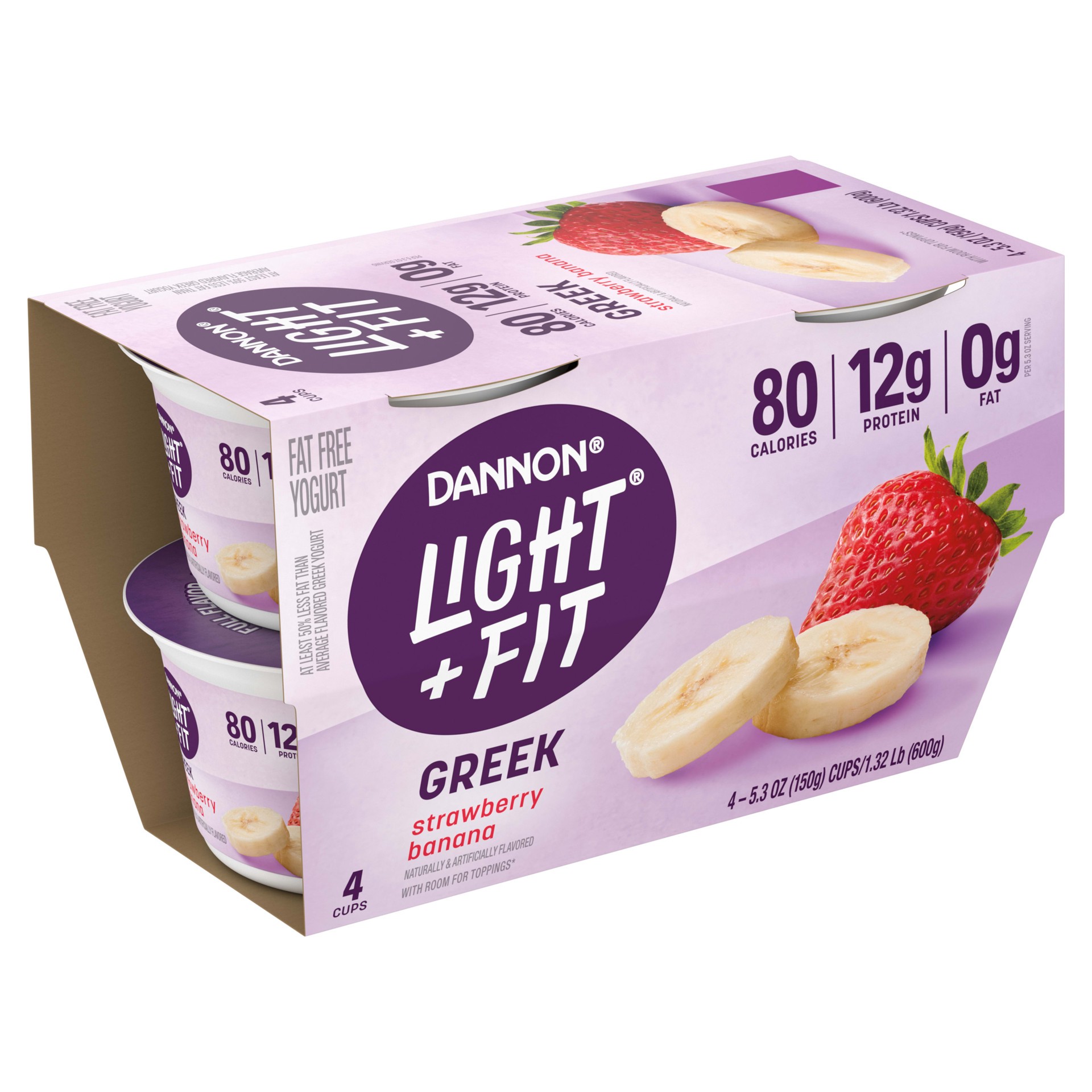 slide 2 of 5, Light + Fit Dannon Light + Fit Strawberry Banana Greek Fat Free Yogurt, Creamy and Delicious Gluten Free Yogurt, 4 Ct, 5.3 OZ Yogurt Cups (Packaging May Vary), 5.3 oz