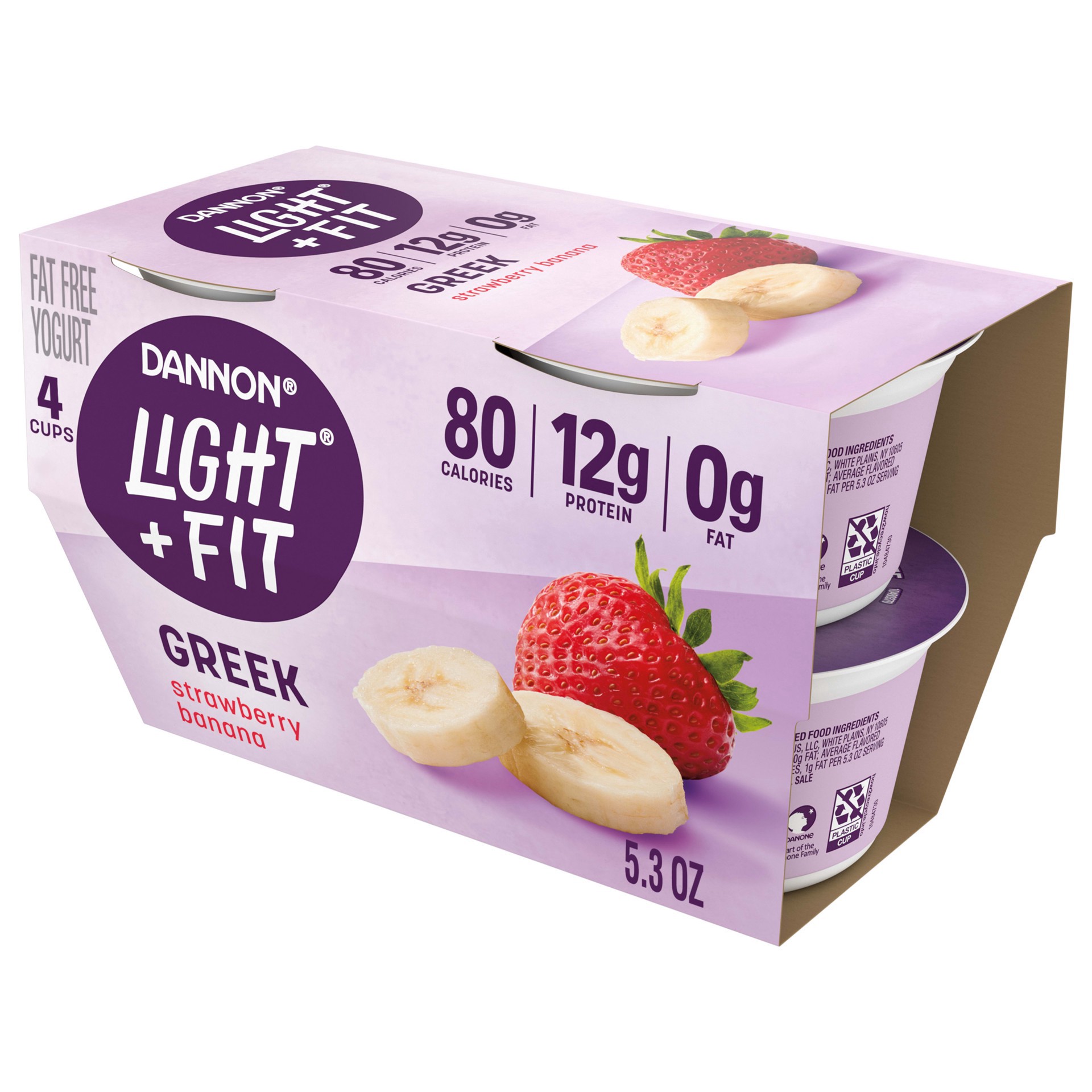 slide 1 of 5, Light + Fit Dannon Light + Fit Strawberry Banana Greek Fat Free Yogurt, Creamy and Delicious Gluten Free Yogurt, 4 Ct, 5.3 OZ Yogurt Cups (Packaging May Vary), 5.3 oz