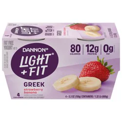 Dannon Light + Fit Strawberry Banana Greek Fat Free Yogurt Pack, 4 Ct, 5.3 OZ Cups