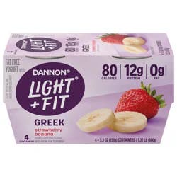 Dannon Light + Fit Strawberry Banana Greek Fat Free Yogurt Pack, 4 Ct, 5.3 OZ Cups