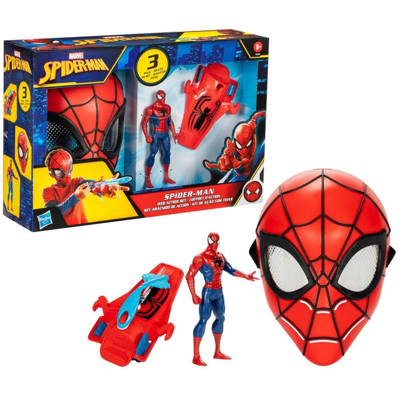 slide 3 of 5, Hasbro Spider-Man Web Action 6" Action Figure, Mask, and Web Slinger - 3pk, Halloween Costume, 3 ct