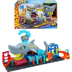 Hot Wheels Ultra Shark Car Wash Playset: Plastic Toy Vehicle Set, 1:64 Scale, Includes Car, 55 Pieces, Ages 3+