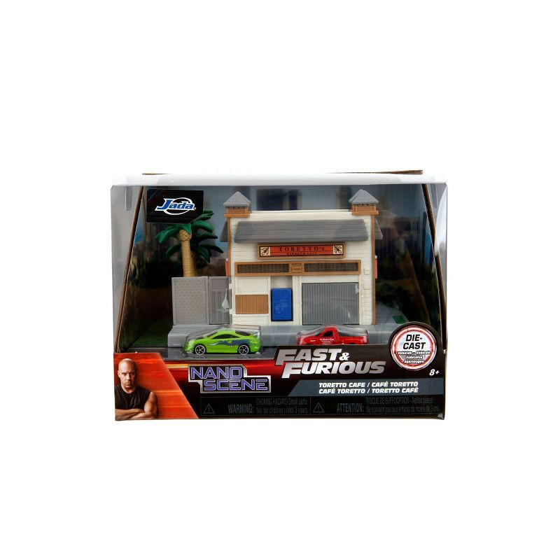 slide 2 of 14, Universal Fast and Furious Hollywood Rides Nanoscene - Toretto's Market & Cafe Vehicle Playset: Toy Vehicle Set with 2 Cars, Plastic, 1 ct